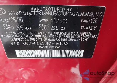 2021 Hyundai Sonata Sel z USA, uszkodzony, nr VIN 5NPEL4JA9MH064252